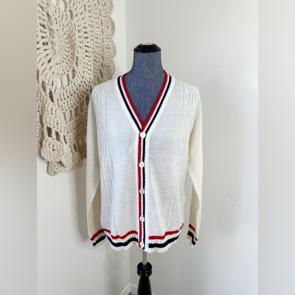 Vintage Cortini 70s 80s Cardigan with Red and Blue Trim Preppy Large - Picture 1 of 5